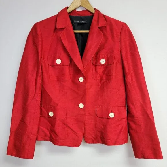 Lafayette 148 Womens Red 100% Silk Professional Blazer Jacket Sz 8 Luxury Career - Picture 1 of 12